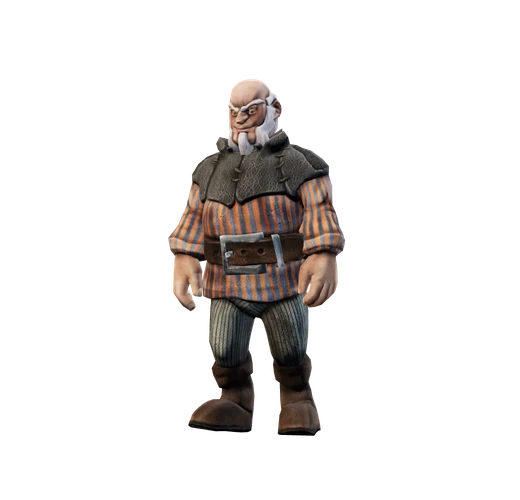 The Janitor: a stout, white-bearded workman in a striped tunic, leather mantle and heavy belt, standing ready